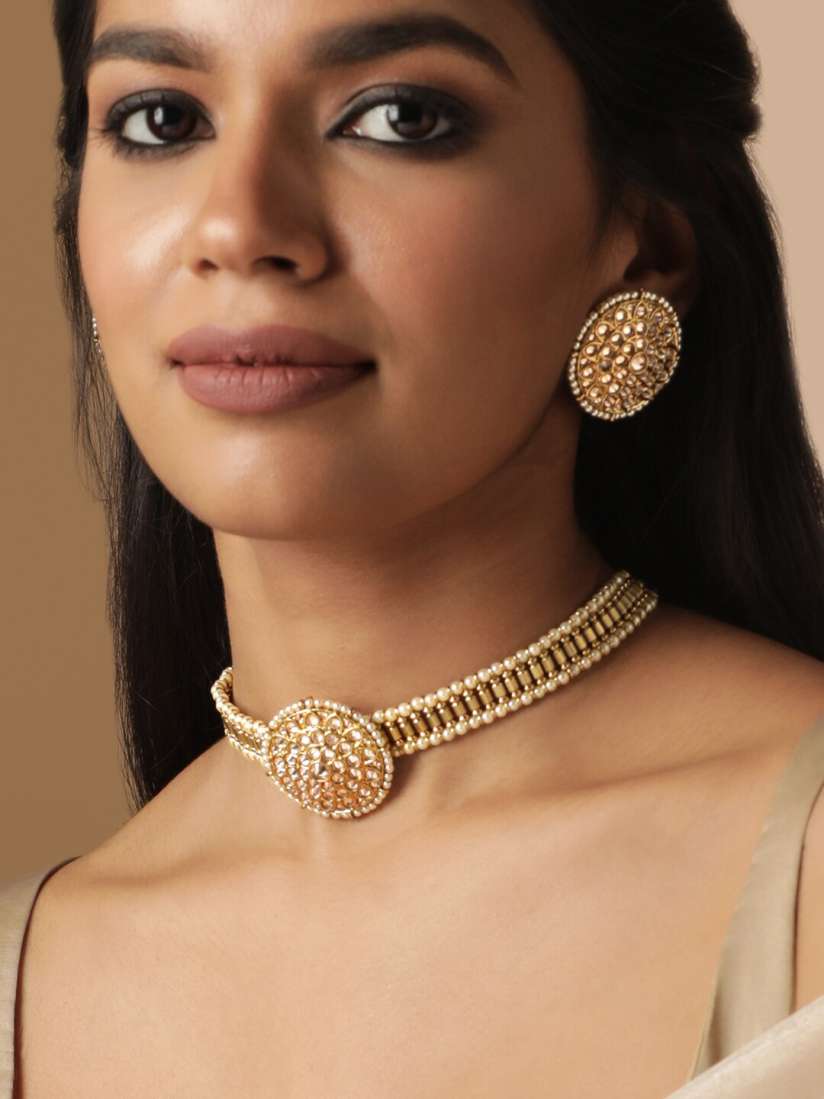 Buy Rubans 22K Gold Plated Intricately Pearl Beaded Kundan Studded Choker Necklace Set Jewellery Set for Women 24762674 Myntra