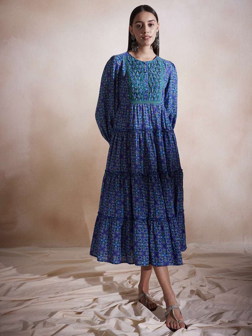 Buy Femella Blue Floral Print A Line Midi Dress Dresses for Women 24771820 Myntra