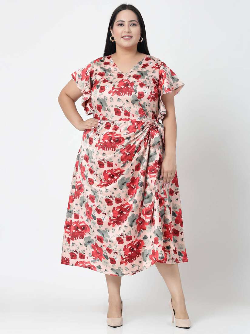 Buy plusS Plus Size Floral Printed Wrap Midi Dress Dresses for