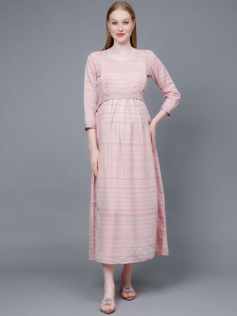 Buy DUMMY SHAPE Striped Embroidered Fit Flare Midi Pure Cotton Maternity Feeding Dress Dresses for Women 24810328 Myntra