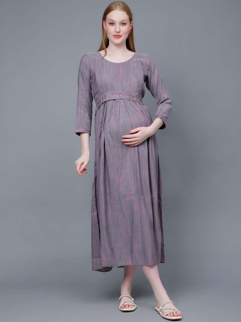 Buy DUMMY SHAPE Striped Embroidered Fit Flare Midi Pure Cotton Maternity Feeding Dress Dresses for Women 24810398 Myntra