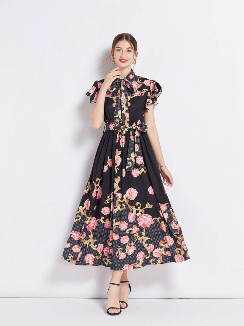 Buy JC Collection Printed Tie Up Detail Shirt Collar Flutter Sleeves Maxi Fit Flare Dress Dresses for Women 24818430 Myntra