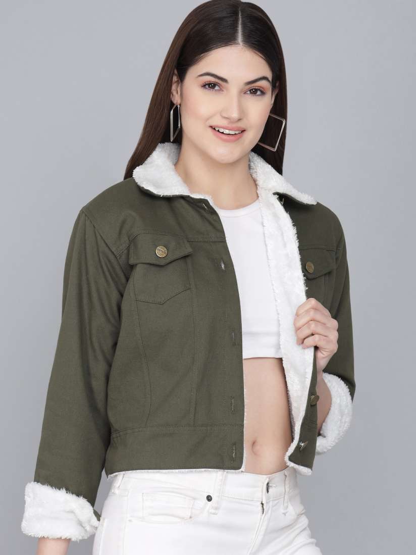 Green denim jacket with fur top