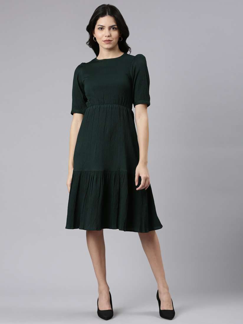 Buy TWIN BIRDS Puff Sleeve Crepe Fit Flare Knee length Dress Dresses for Women 24840984 Myntra