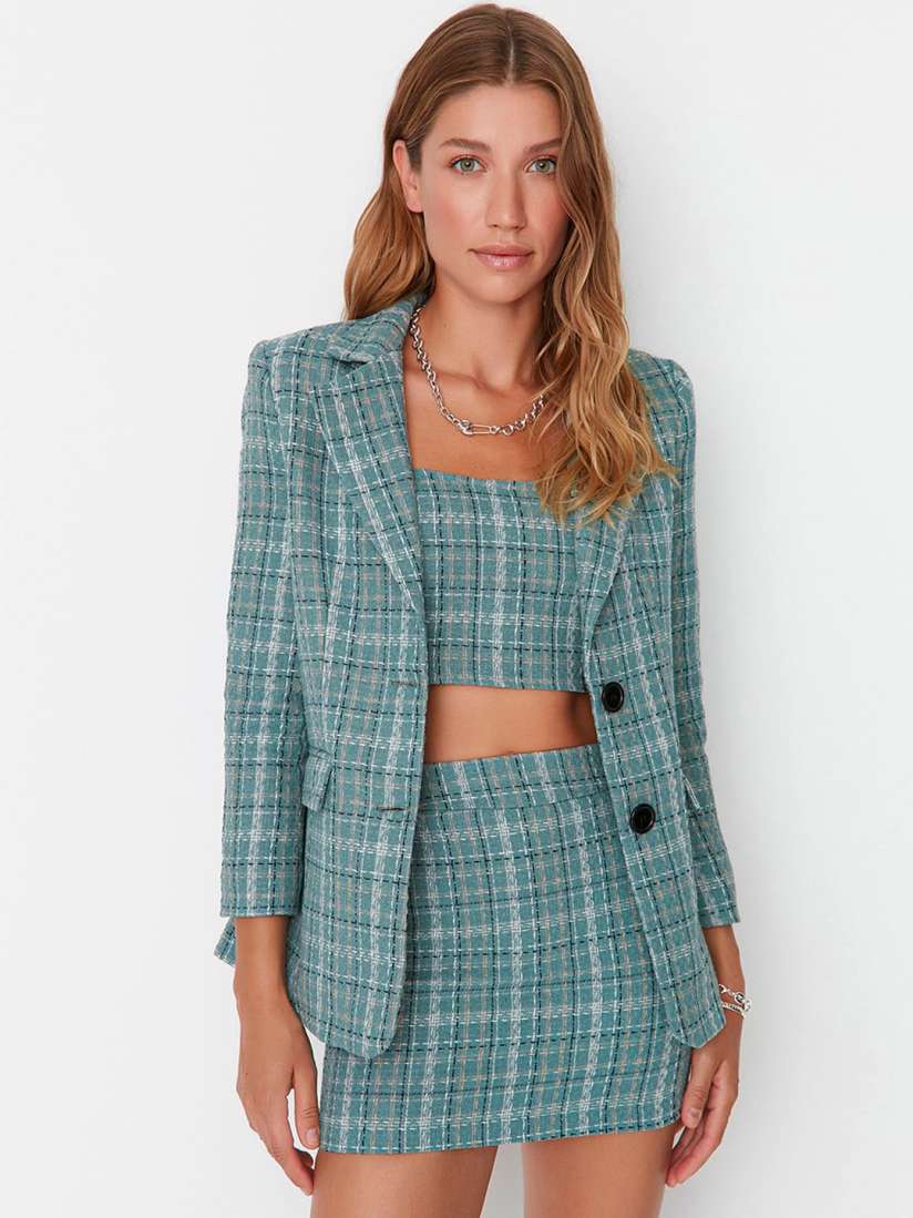 Checked blazer and skirt set discount