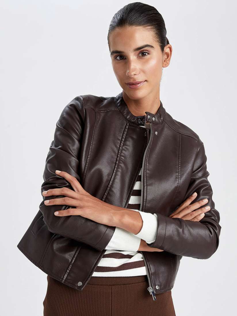 Band collar leather jacket online