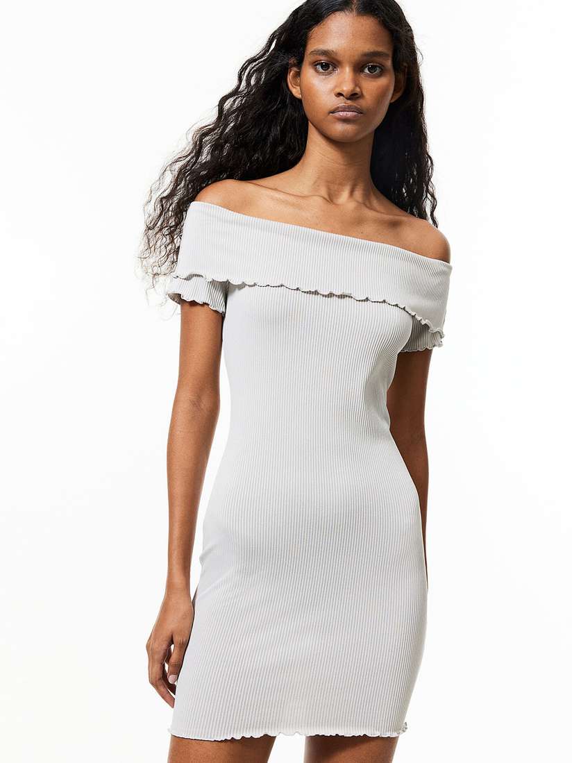 h&m off the shoulder dress Smocked Off-the-shoulder shaping seams down the front and back Women's Red Off-the-Shoulder Dress |