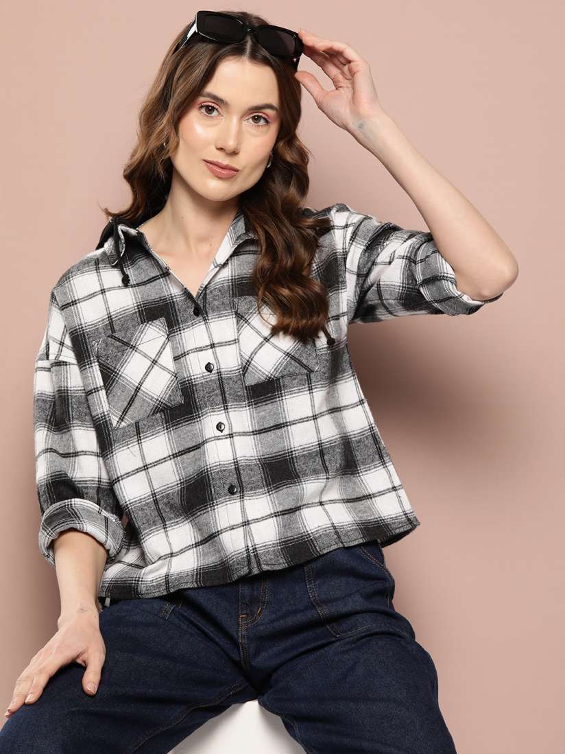 Buy Harvard Checked Pure Cotton Hooded Shirt Shirts for Women 24852428 Myntra