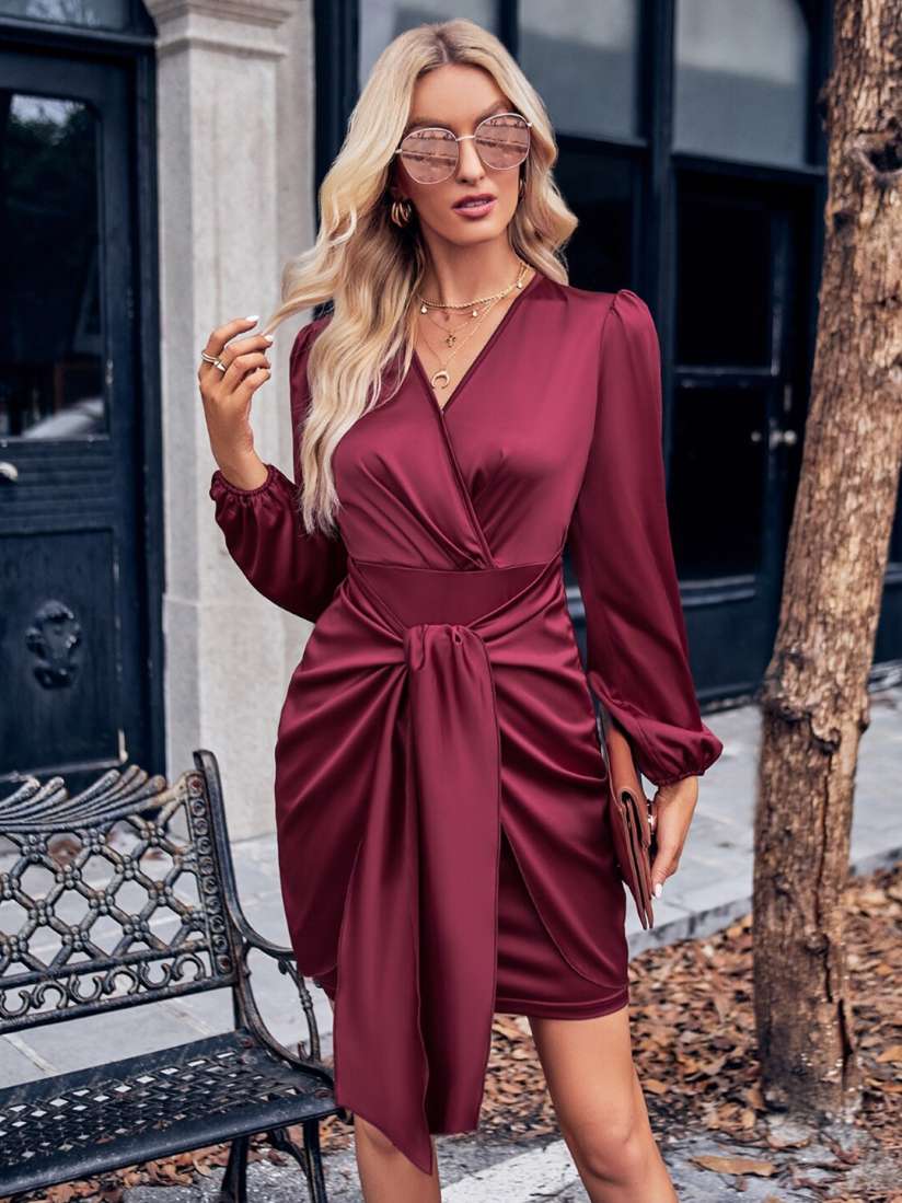 Buy StyleCast Burgundy V Neck Puff Sleeves Tie Ups Wrap Dress Dresses for Women 24866276 Myntra