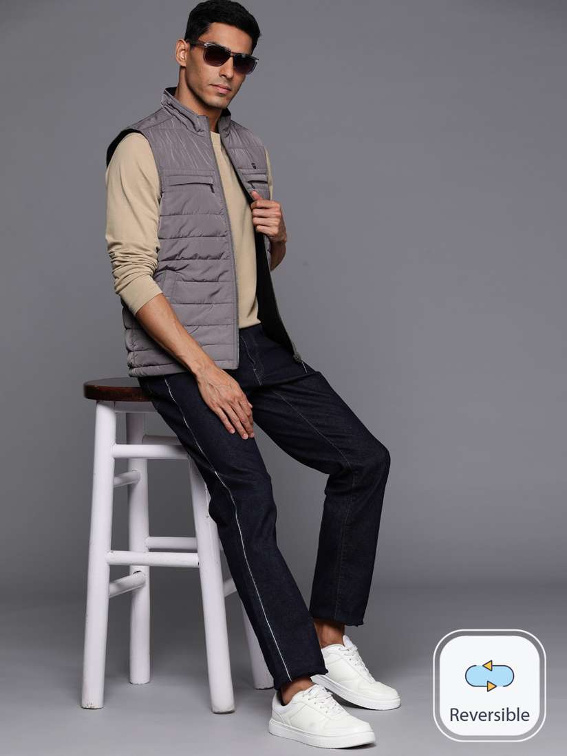 Buy Louis Philippe Solid Mock Collar Sleeveless Reversible Padded Jacket Jackets for Men 24872000 Myntra
