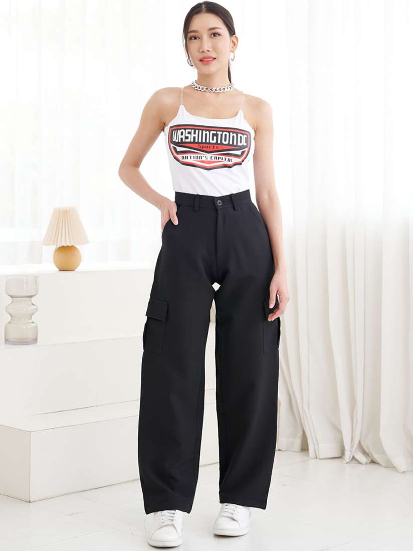 Buy Off Duty India Women Black Comfort Wide Leg High Rise Cargo Trousers Trousers for Women 24894946 Myntra