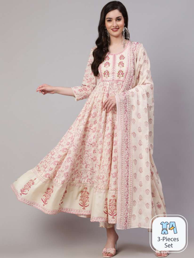 Buy Mizaz Floral Printed Pure Cotton Anarkali Kurta With Trousers Dupatta Kurta Sets for Women 24897694 Myntra