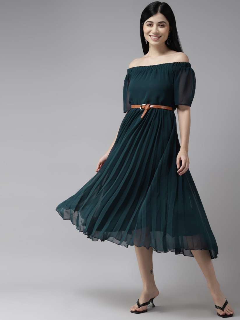 Buy Aarika Off Shoulder Puff Sleeves Fit Flare Midi Dress Dresses for Women 24901146 Myntra