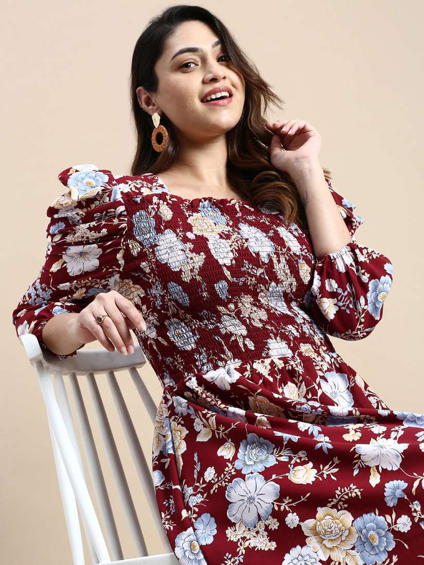 Buy SHOWOFF Plus Plus Size Floral Printed Smocked Puff Sleeve Georgette Fit and Flare Dress Dresses for Women 24904710 Myntra