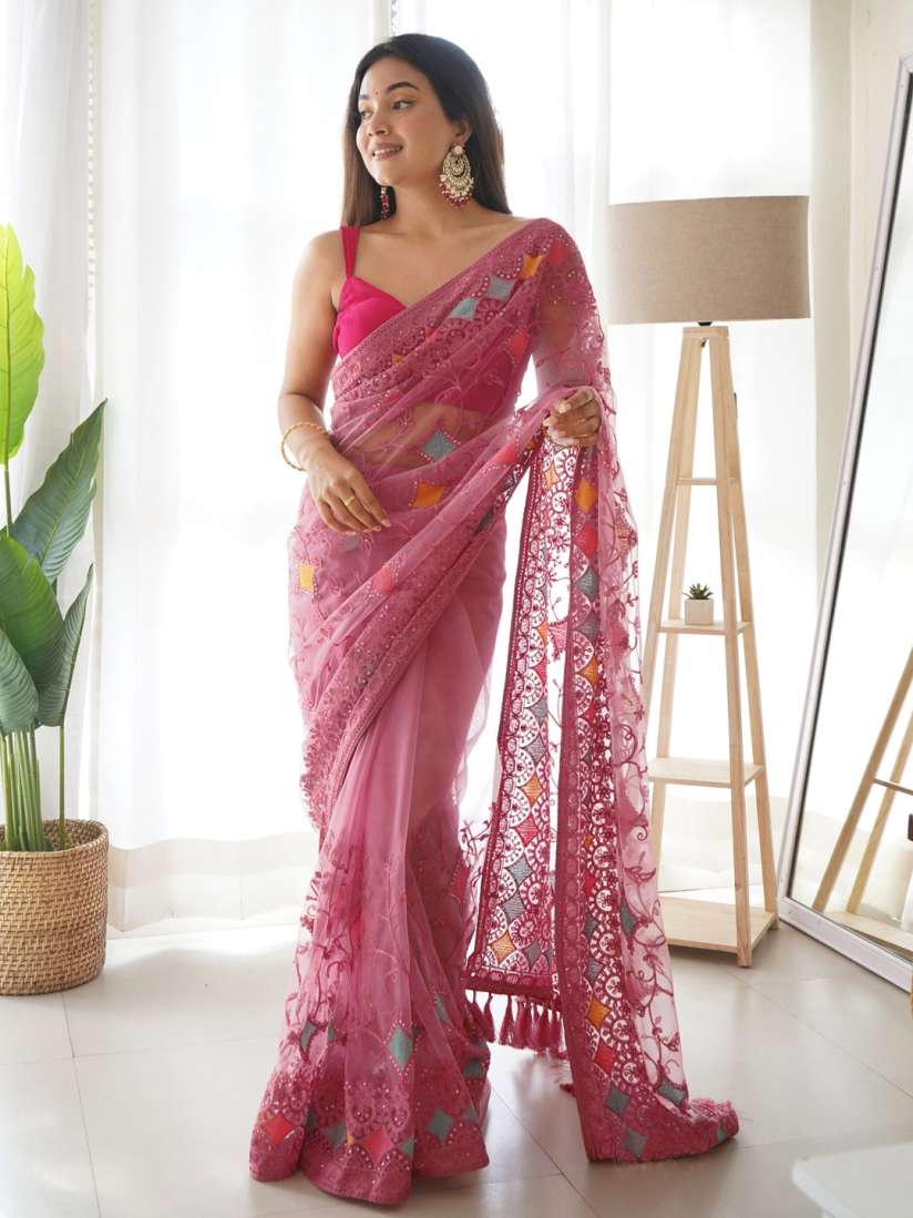 Saree mall blue and pink embroidered new arrivals