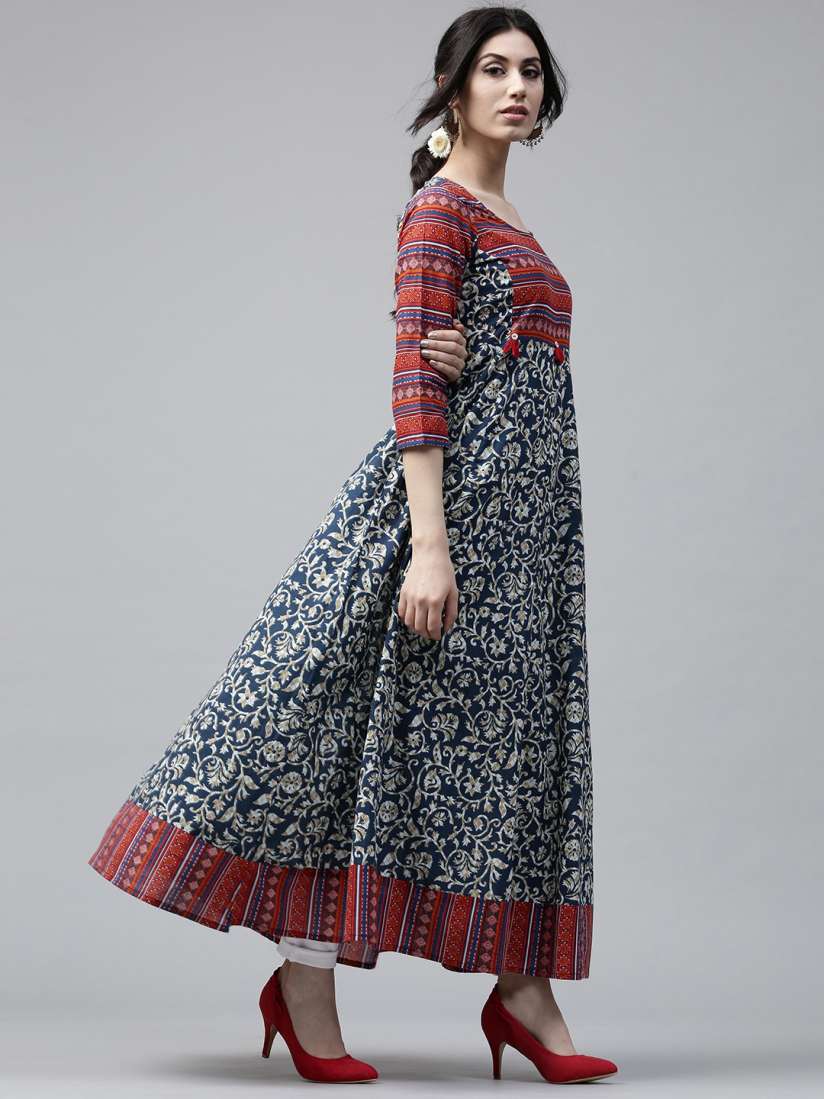 Buy AKS Women Navy Orange Printed Anarkali Kurta Kurtas for Women 2493381 Myntra