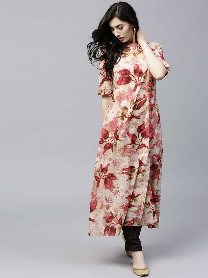 Buy AKS Women Red Beige Floral Print A Line Kurta Kurtas for Women 2493419 Myntra
