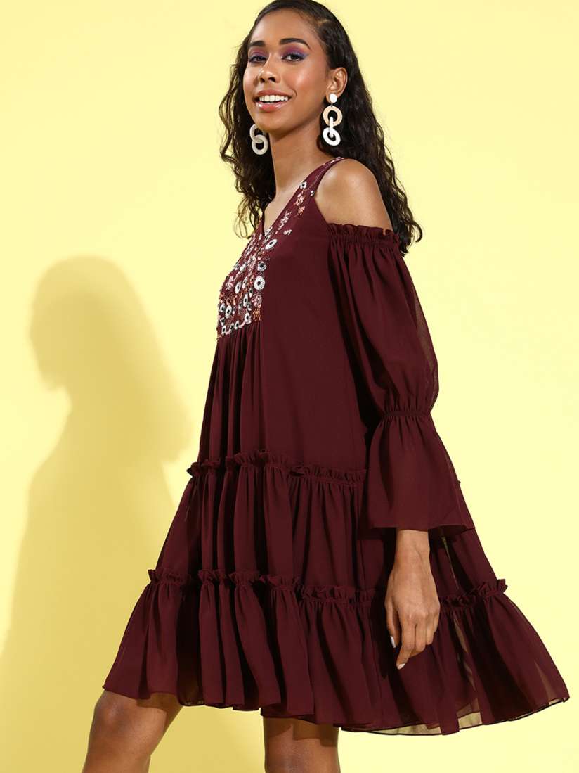 Cold shoulder floral print tiered dress deals