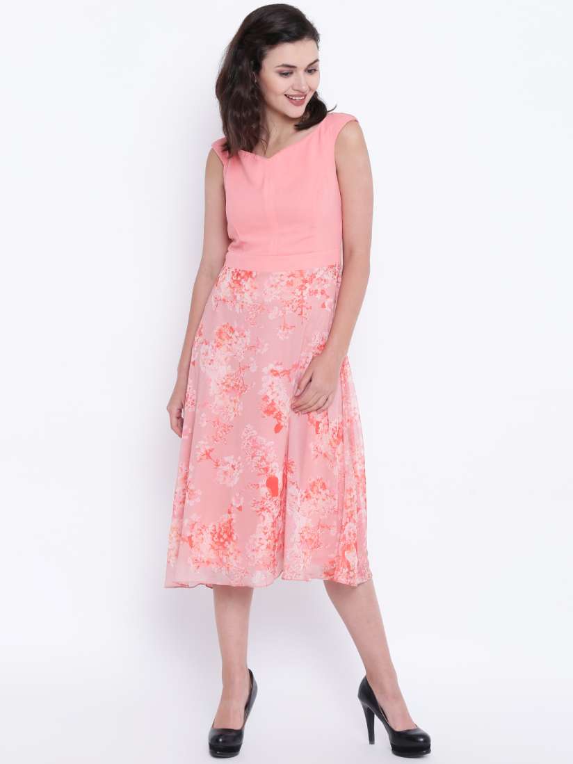 Buy Madame Women Peach Coloured Floral Print Midi Fit Flare Dress Dresses for Women 2495192 Myntra