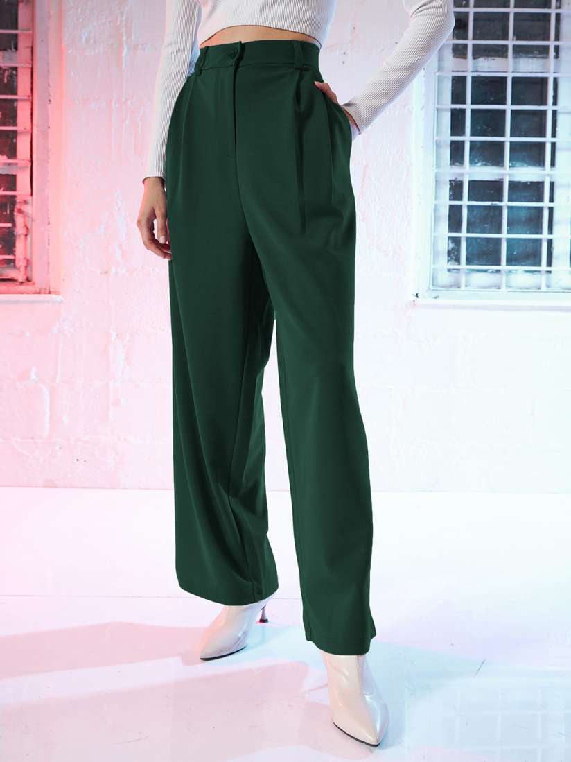 Buy SASSAFRAS Women Green Loose Fit High Rise Pleated Parallel Trousers Trousers for Women 24956904 Myntra
