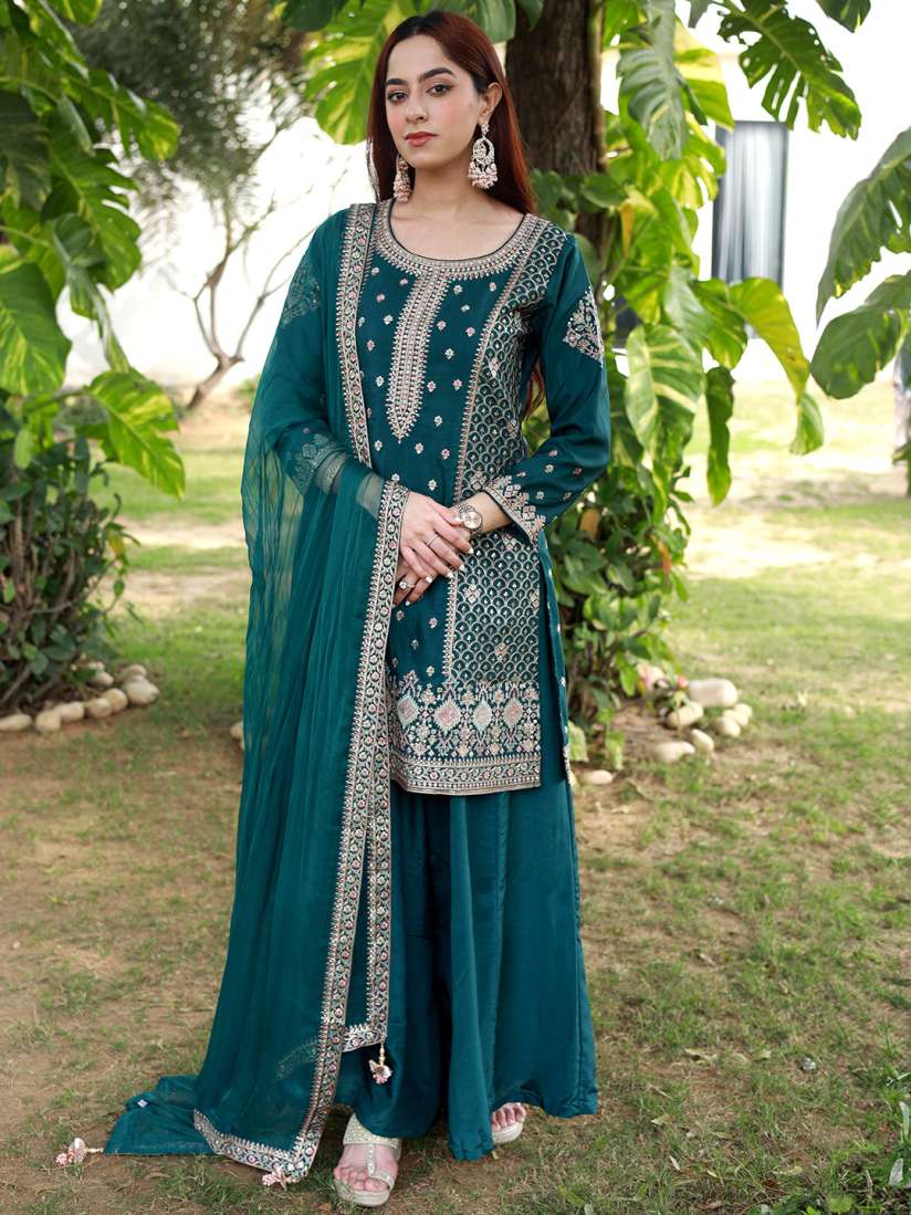 Buy Libas Art Floral Embroidered Regular Sequined Pure Silk Kurti With Skirt Dupatta Kurta Sets for Women 24958176 Myntra