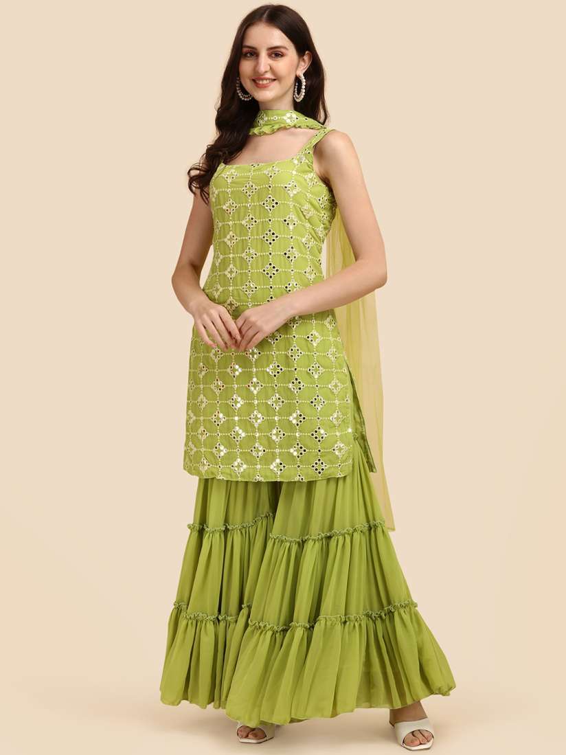 Buy KALINI Ethnic Motifs Embroidered Mirror Work Kurta With Sharara Dupatta Kurta Sets for Women 24971802 Myntra