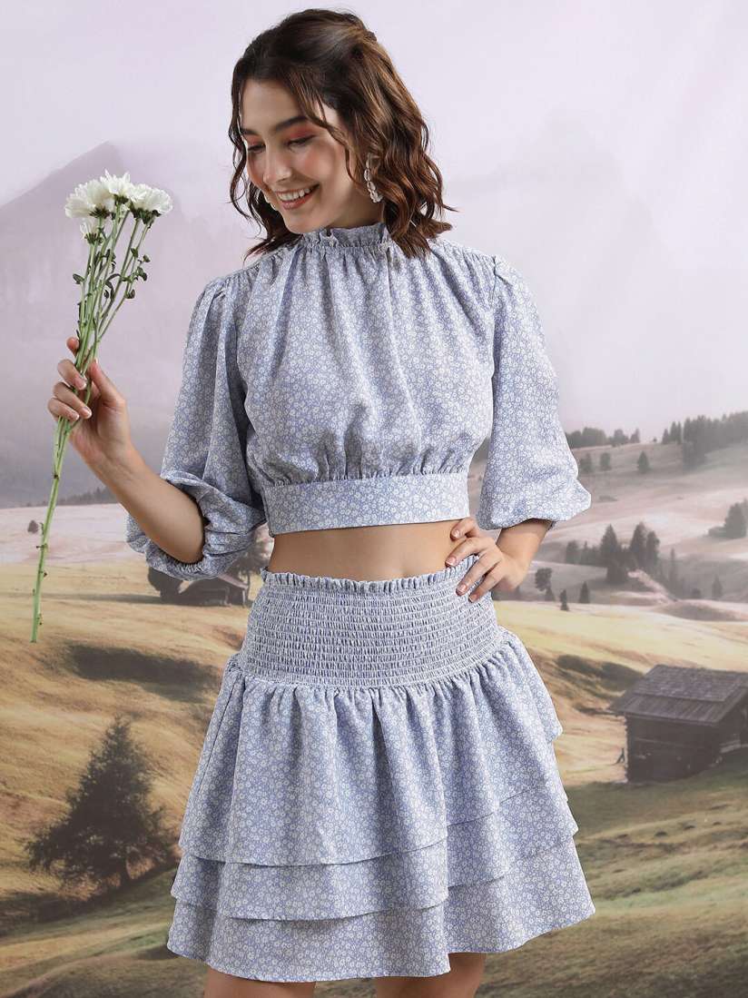 Buy Tokyo Talkies Floral Printed Puff Sleeve Smocked Detail Crop Top Mini Skirt Co Ords for Women 24973380 Myntra