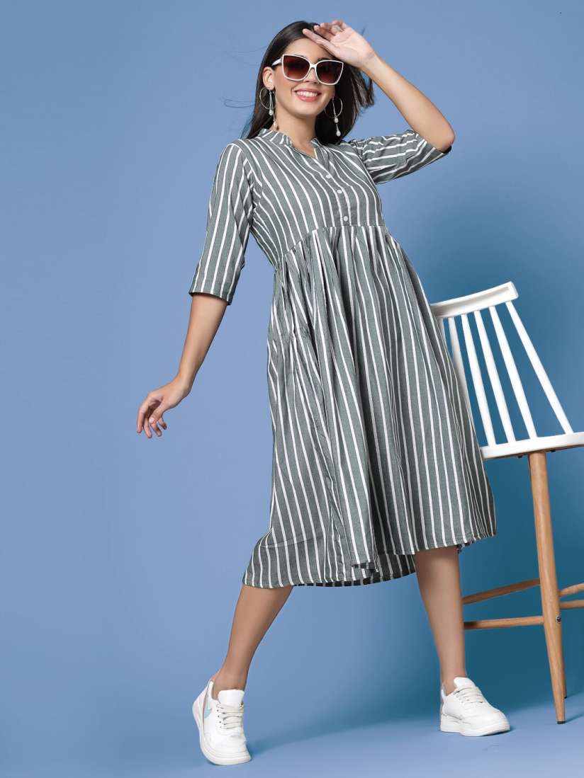 Buy KALINI Striped Gathered Cotton Fit Flare Midi Dress Dresses for Women 24974628 Myntra