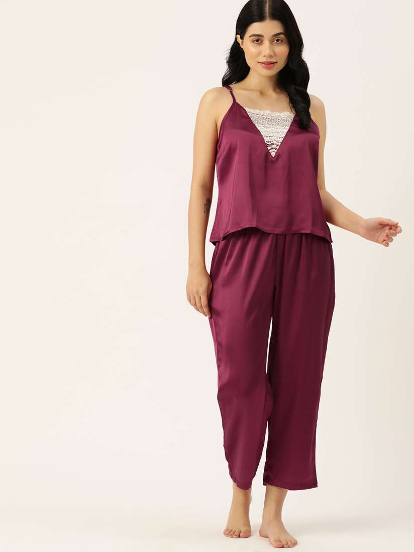 Buy ETC Solid Satin Night Suit With Lace Detail Night suits for Women 24983352 Myntra