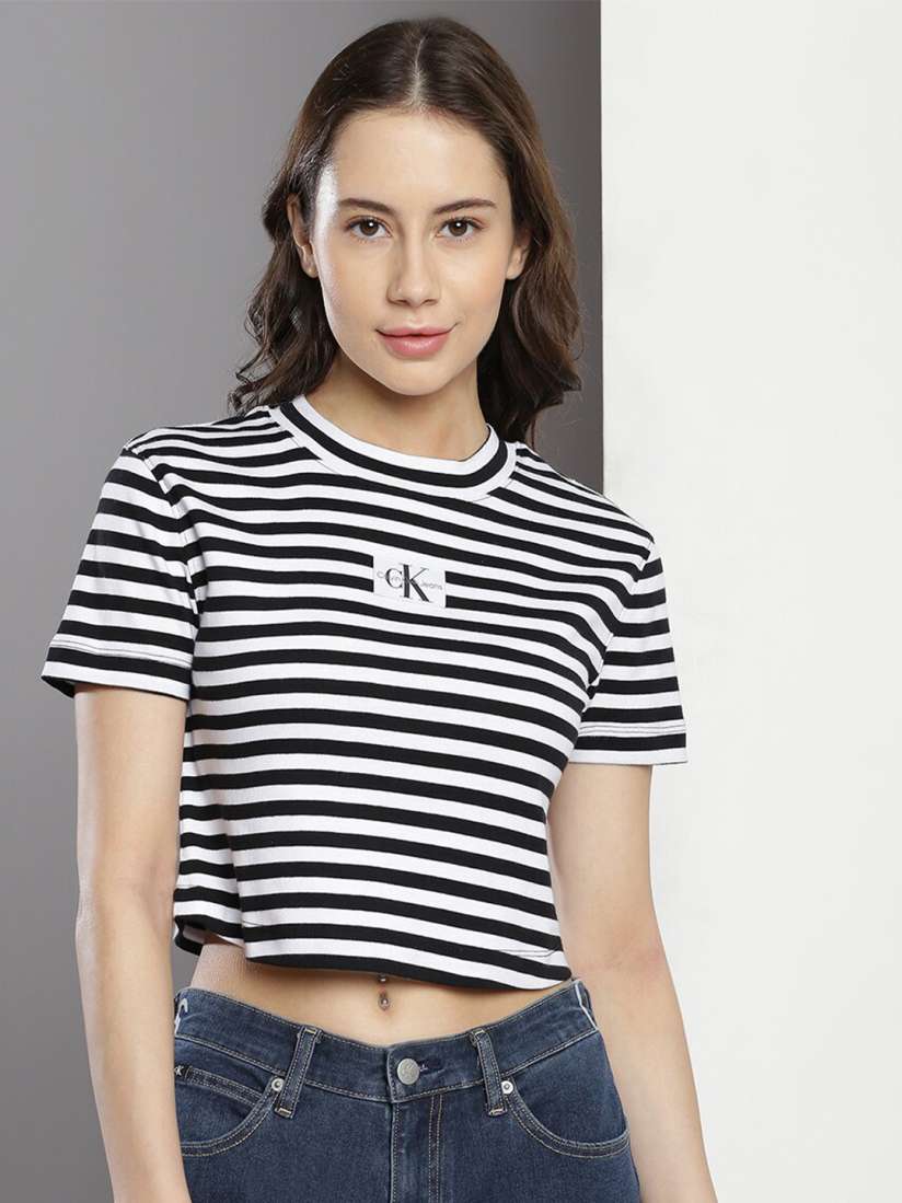 Buy Calvin Klein Striped Round Neck Regular Fit Cotton T Shirt Tshirts for Women 24990214 Myntra
