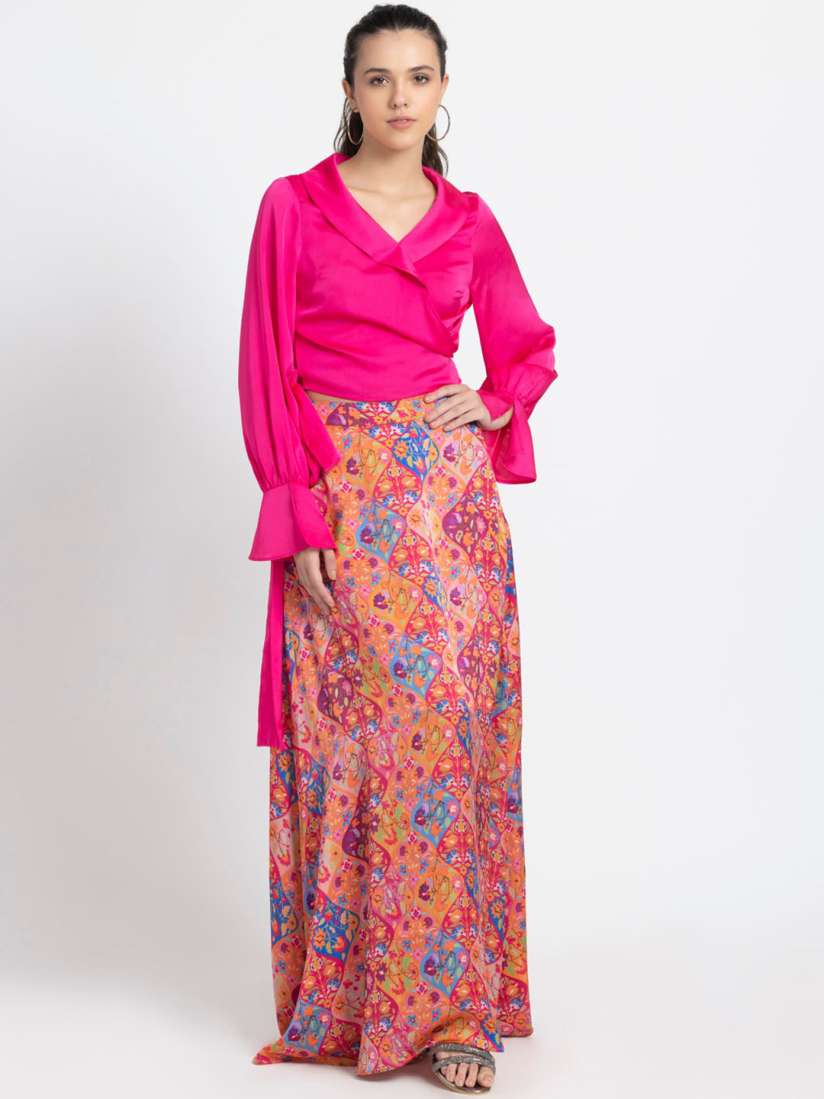 Buy SHAYE Shawl Neck Wrap Crop Top With Printed Long Skirt Co Ords Co Ords for Women 24995884 Myntra