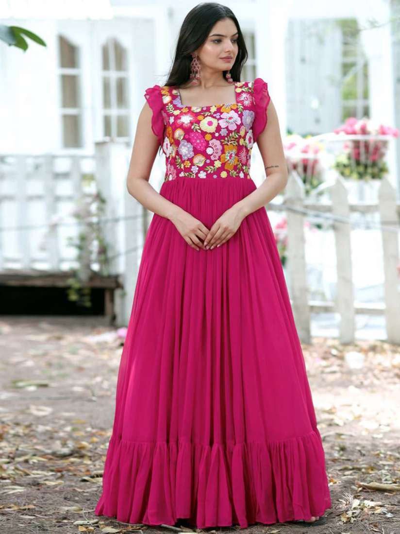 Buy Fusionic Floral Embroidered Square Neck Georgette Ruffles Ethnic Gown Ethnic Dresses for Women 25013298 Myntra