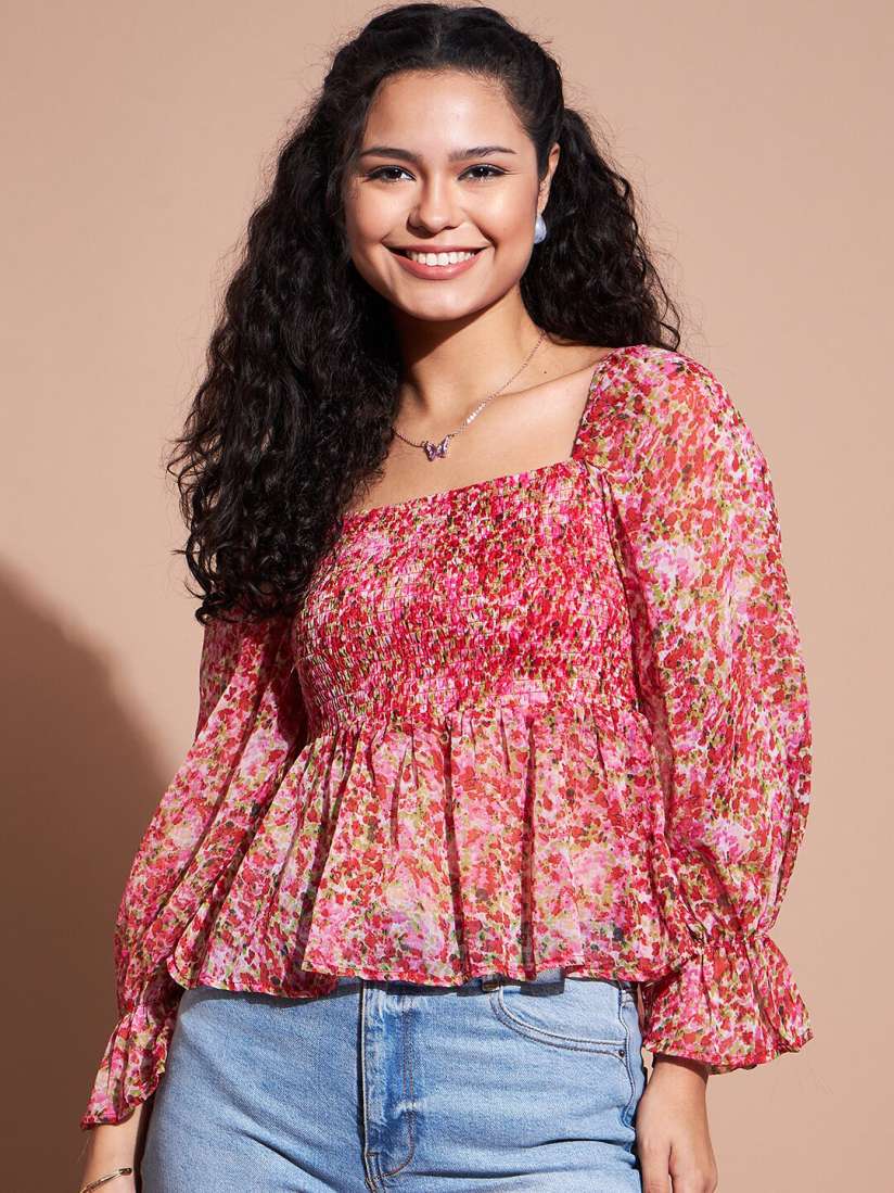 Buy DressBerry Pink Floral Printed Square Neck Puff Sleeve Peplum Top Tops for Women 25014188 Myntra