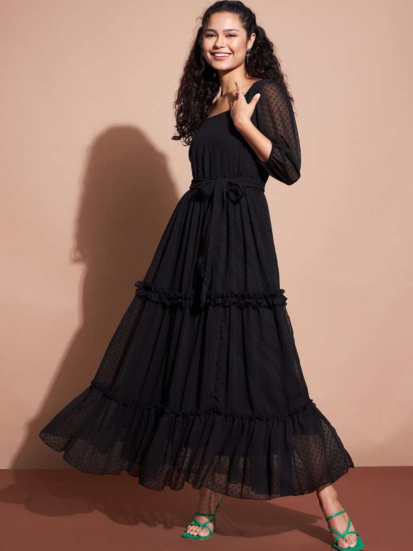 Buy DressBerry Self Design Square Neck Ruffled Puff Sleeves Belted Maxi Fit Flare Dress Dresses for Women 25014506 Myntra