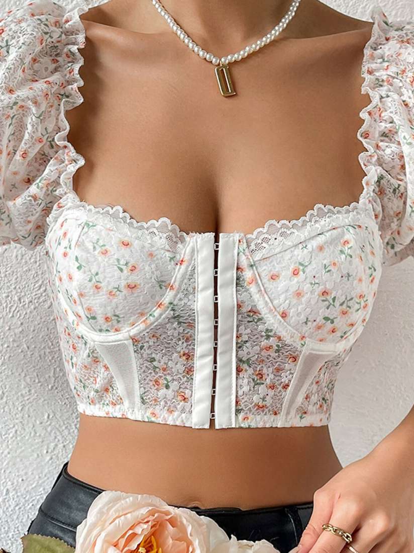 Buy LULU SKY Floral Printed Sweetheart Neck Puff Sleeve Bralette Crop Top Tops for Women 25016688 Myntra