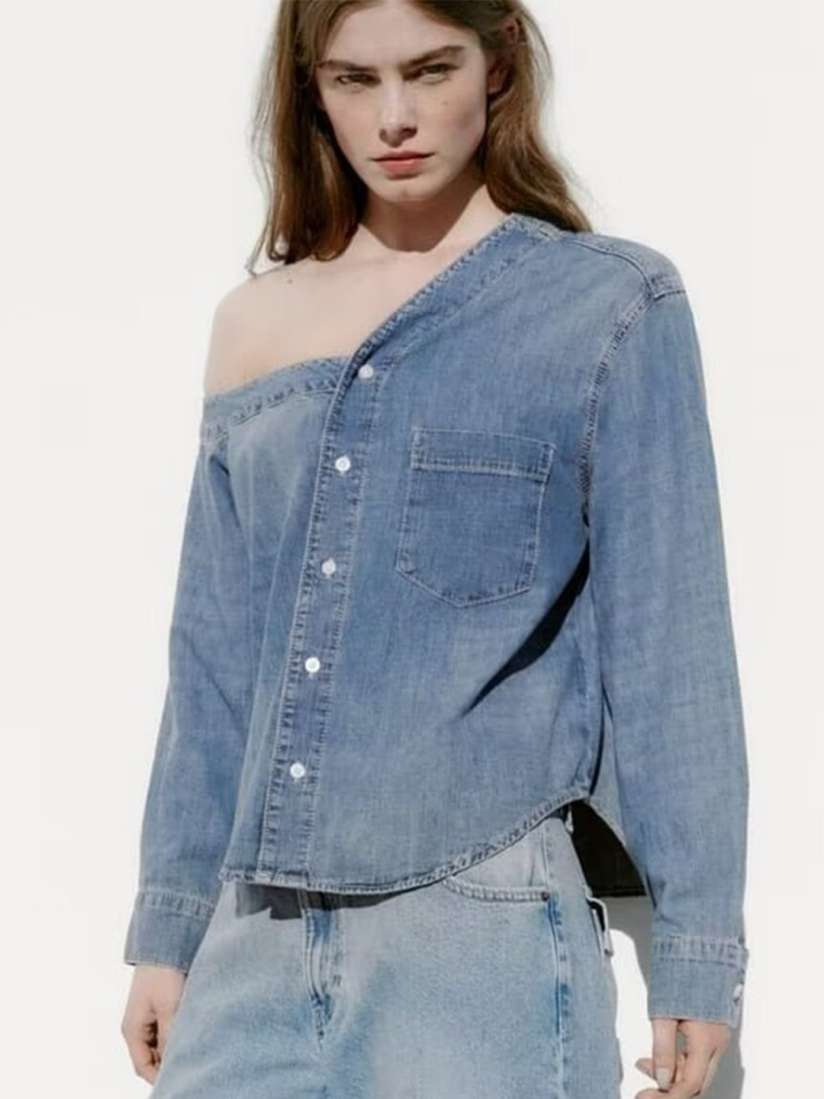 Collarless denim shirt womens store