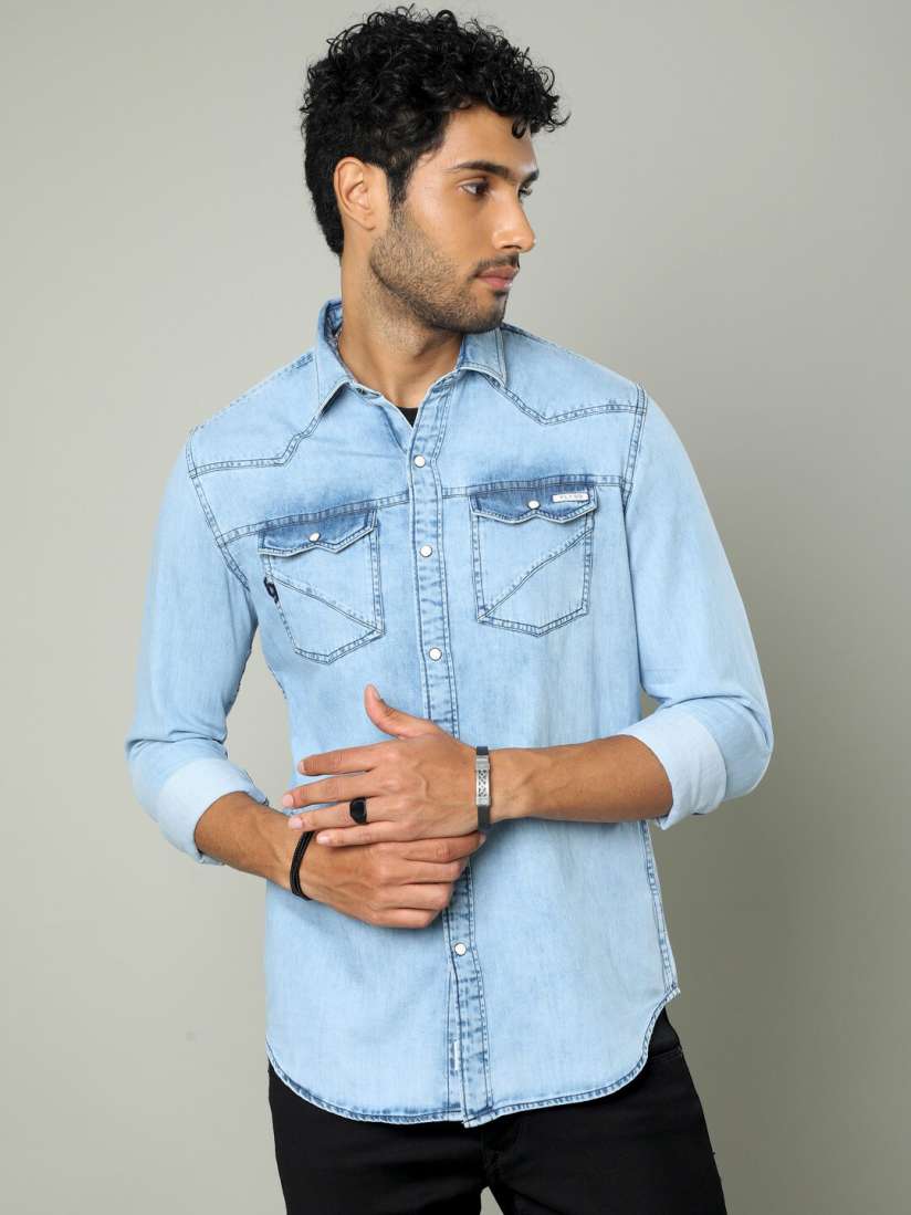 Buy FLY 69 Men Premium Slim Fit Denim Weave Faded Denim Shirt Shirts for Men 25018870 Myntra