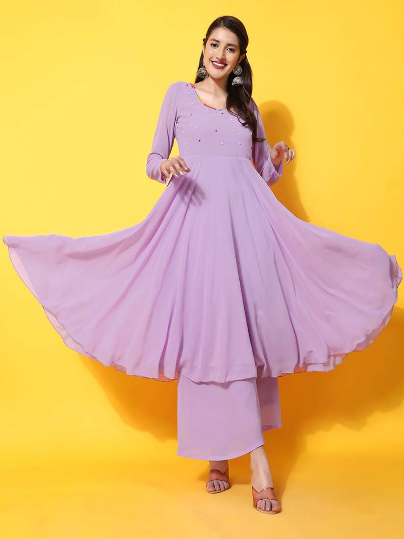 Buy Poshak Hub Embroidered Round Neck Long Sleeve Pleated Anarkali Kurta Kurtas for Women 25019264 Myntra