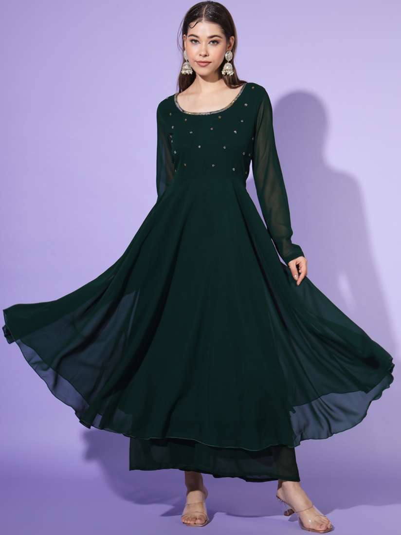 Buy Poshak Hub Embroidered Round Neck Long Sleeve Pleated Sequins Anarkali Kurta Kurtas for Women 25019270 Myntra