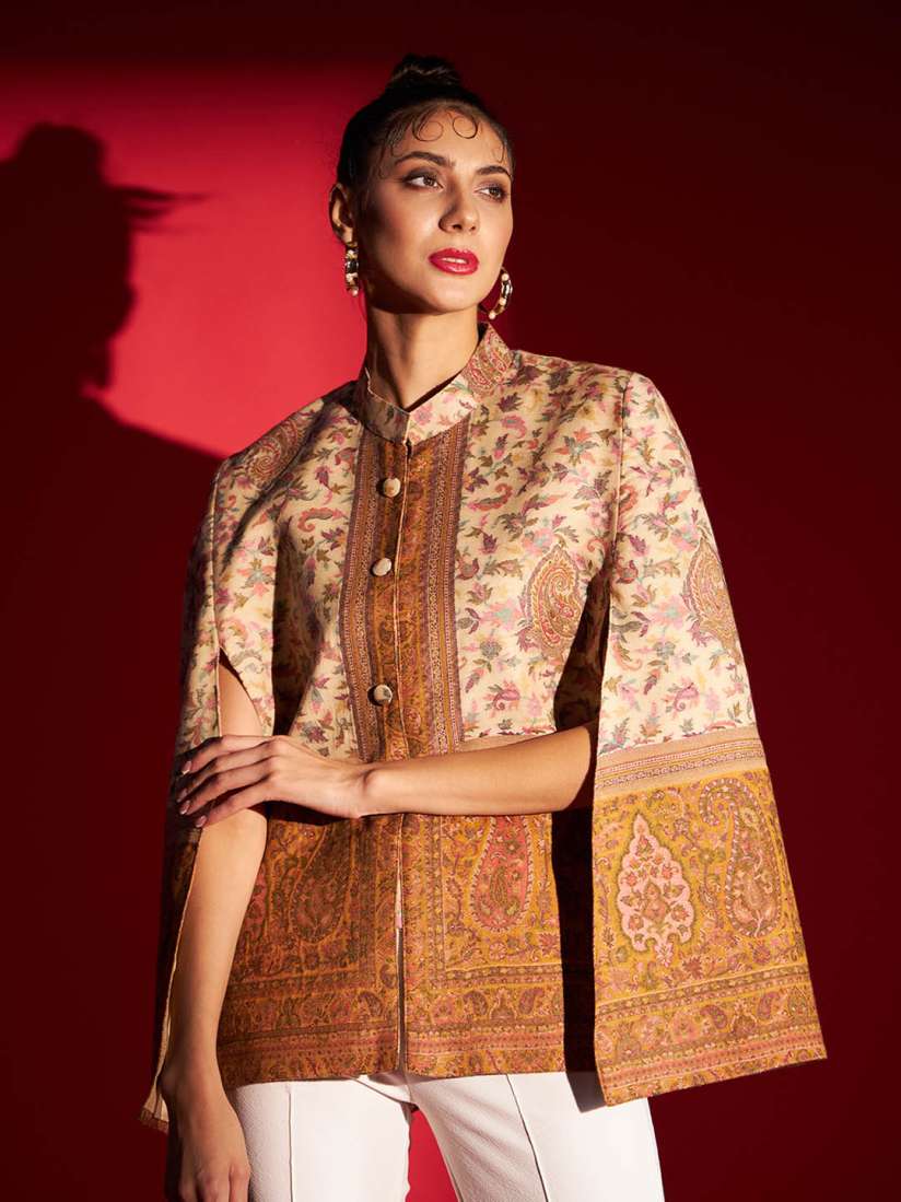 Buy Zamour Ethnic Motifs Self Design Mandarin Collar Cape Jacket Jackets for Women 25048536 Myntra