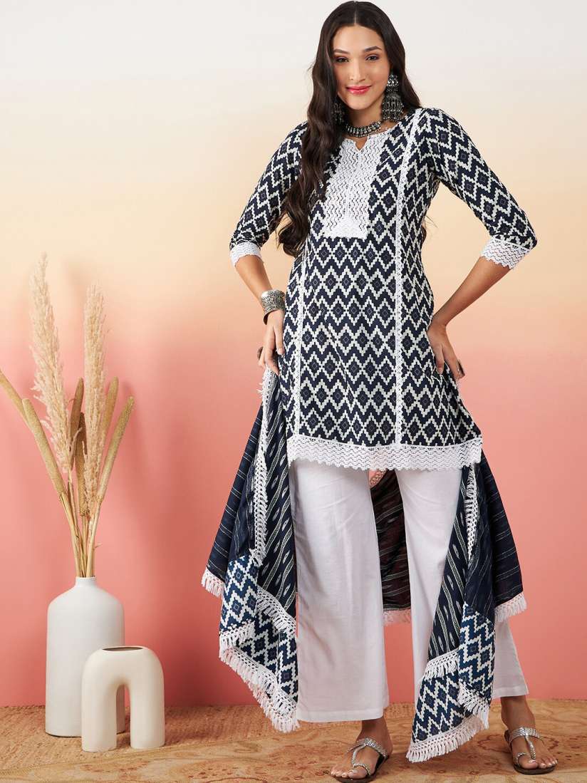 Buy Sangria Geometric Printed Pure Cotton A Line Kurti With Palazzo Dupatta Set Kurta Sets for Women 25048708 Myntra