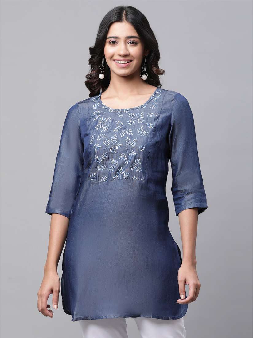 Buy AURELIA Floral Embroidered Round Neck Pure Cotton Straight Kurti Kurtis for Women 25051982 Myntra