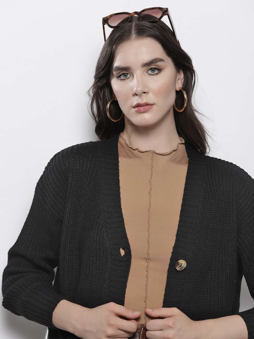 Buy Boohoo Solid Chunky Knit Drop Shoulder Sleeves Cropped Cardigan Sweaters for Women 25069584 Myntra