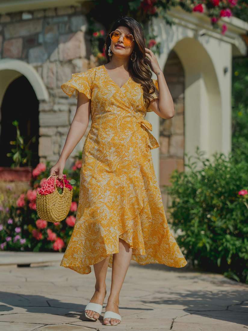 Yellow flower wrap dress top