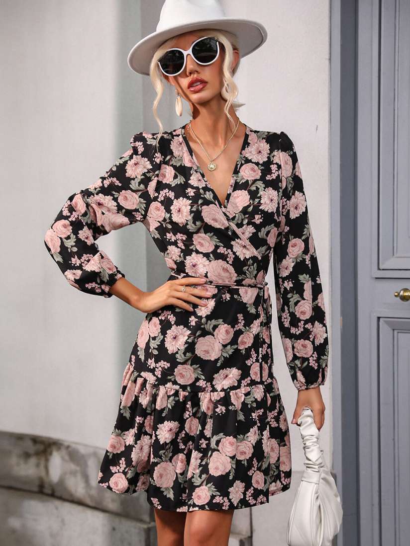 Buy StyleCast Black Floral Printed V-Neck Puff Sleeves Gathered Detailed Wrap  Dress - Dresses for Women 25113496 | Myntra