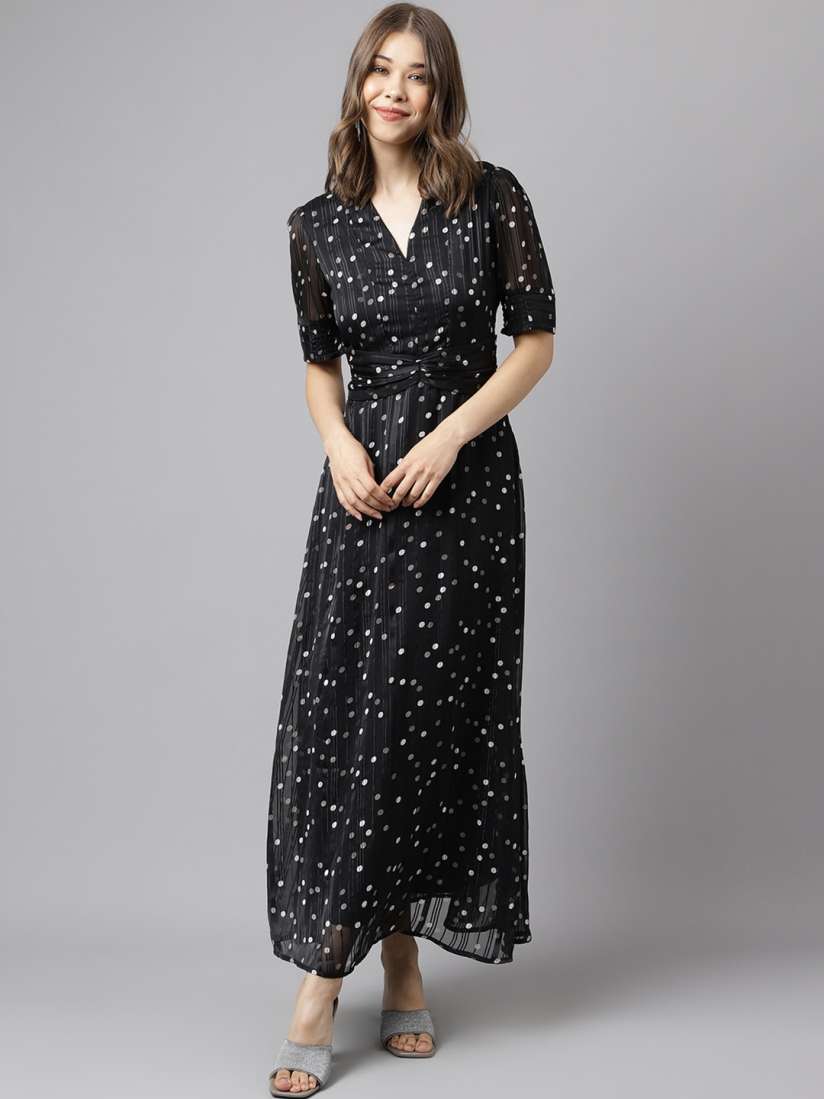 Buy Latin Quarters Polka Dots Printed V Neck Puff Sleeves A Line Dress Dresses for Women 25121256 Myntra