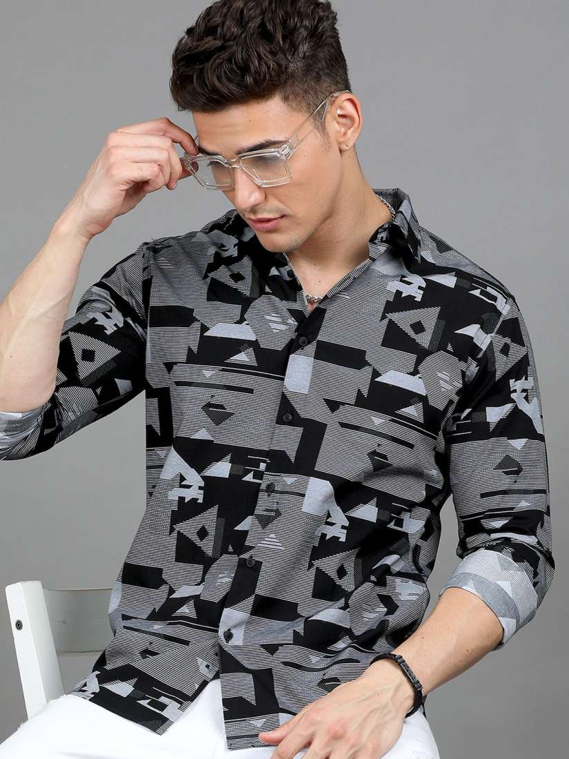 Buy HERE NOW Slim Fit Geometric Printed Spread Collar Long Sleeve Cotton Casual Shirt Shirts for Men 25128936 Myntra