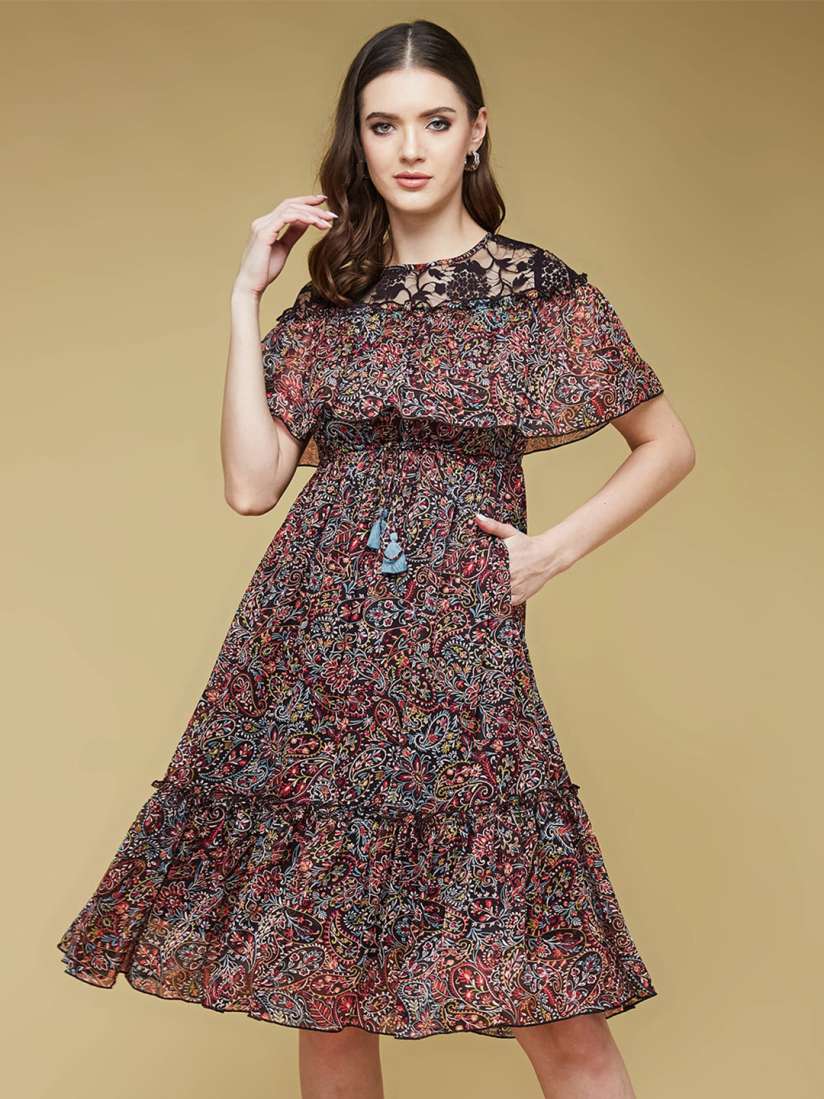 Buy DressBerry Black Floral Printed A Line Midi Dress Dresses for Women 25168602 Myntra