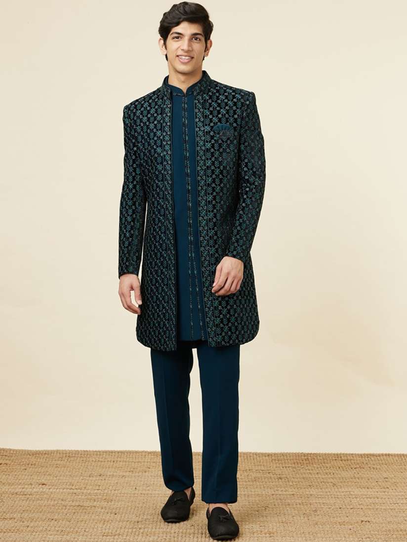 Buy Manyavar Embroidered Mandarin Collar Long Sleeve Velvet Indo Western Sherwani Set Sherwani for Men 25185242 Myntra