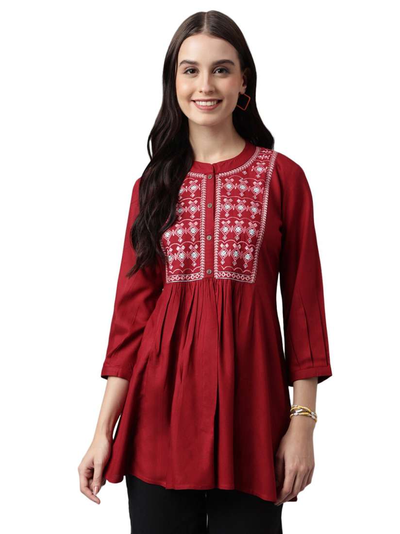 Buy Nimayaa Ethnic Motifs Embroidered Mandarin Collar Pleated A Line Kurti Kurtis for Women 25185550 Myntra